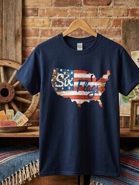 Six Flags Over Georgia USA Flag Graphic T-Shirt Unisex Medium